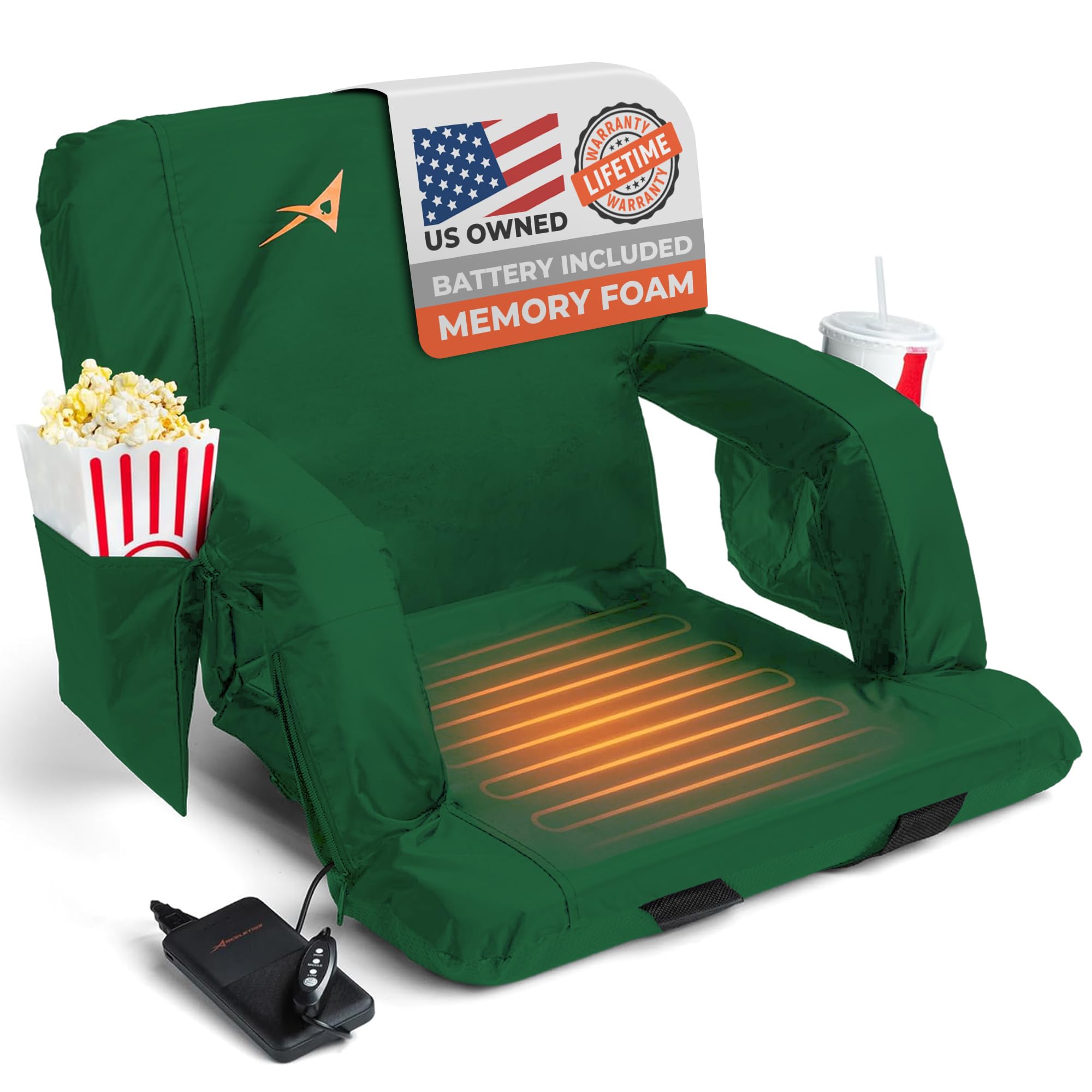 ACELETIQS Heated Stadium Seats for Bleachers with Back Support – USB Battery Included - Upgraded 3 Levels of Heat - Foldable Chair - 4 Pockets for Snacks, Cup Holder - for Camping, Games & Sports