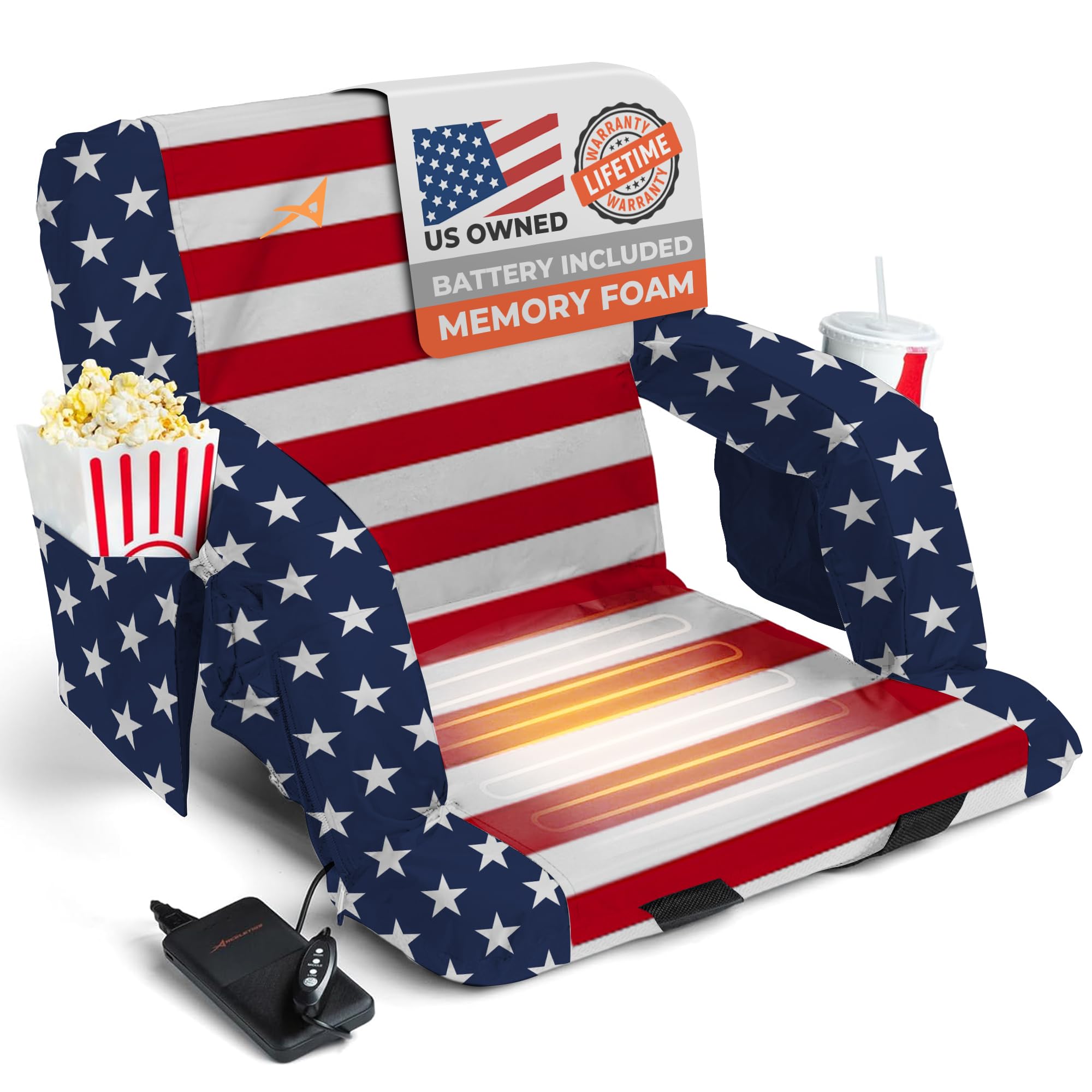 ACELETIQS Heated Stadium Seats for Bleachers with Back Support – USB Battery Included - Upgraded 3 Levels of Heat - Foldable Chair - 4 Pockets for Snacks, Cup Holder - for Camping, Games & Sports