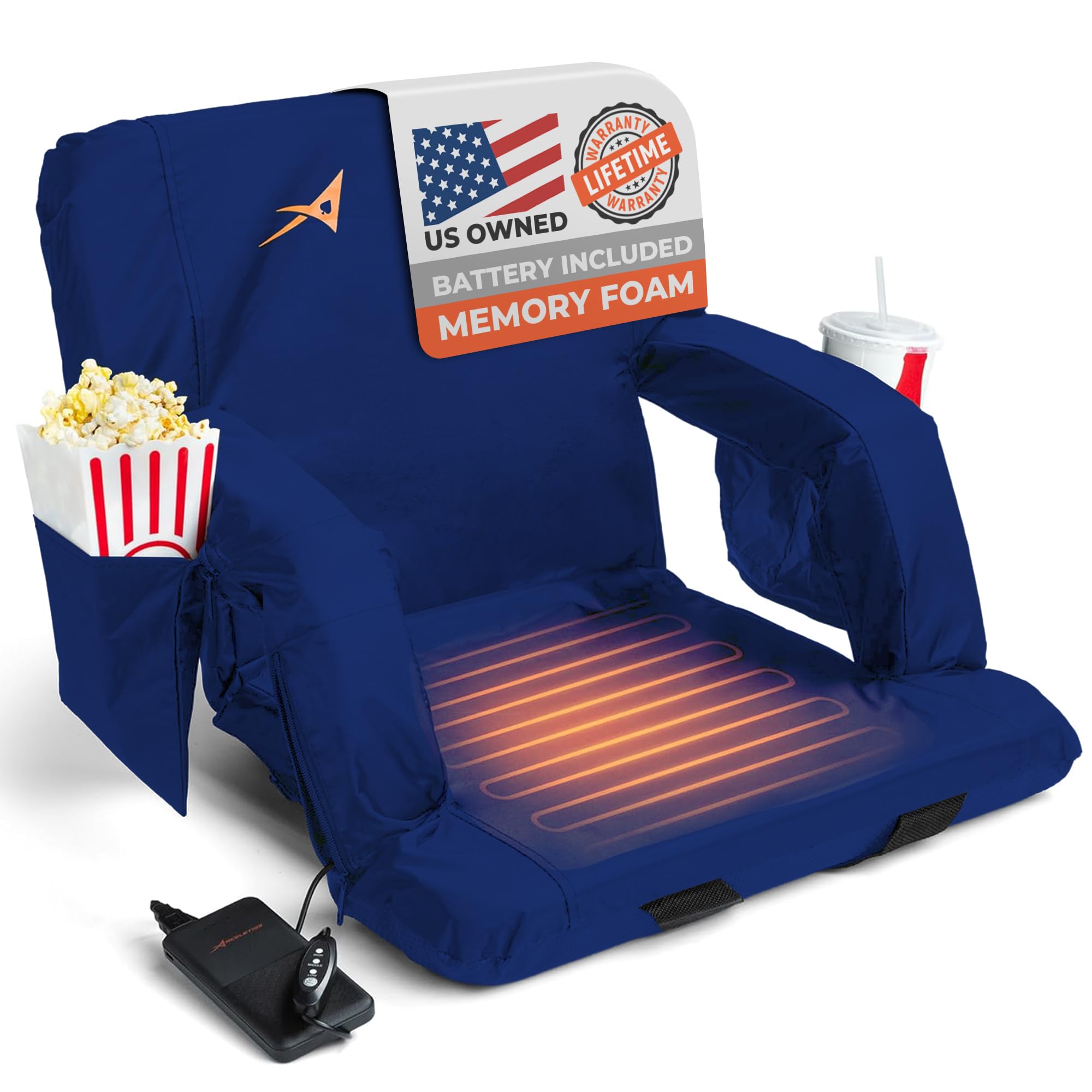 ACELETIQS Heated Stadium Seats for Bleachers with Back Support – USB Battery Included - Upgraded 3 Levels of Heat - Foldable Chair - 4 Pockets for Snacks, Cup Holder - for Camping, Games & Sports